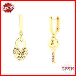 Padlock & Key Huggie Earrings with C Motif, 1.25" Brass